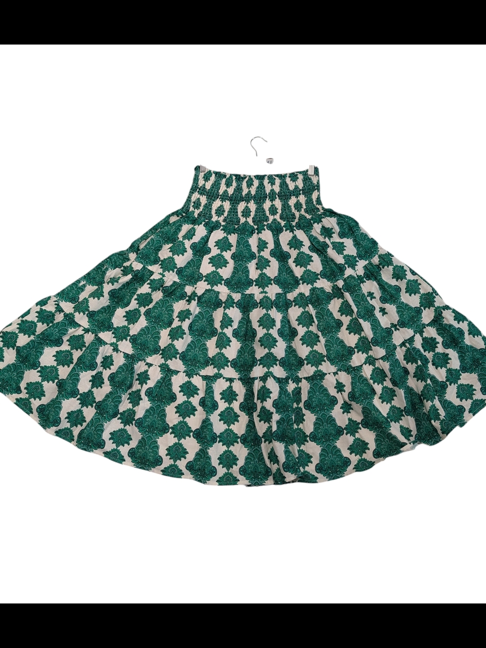 Boho Smocked Waist Midi Skirt Green White Floral Linen Blend Flowy Tiered Sz M